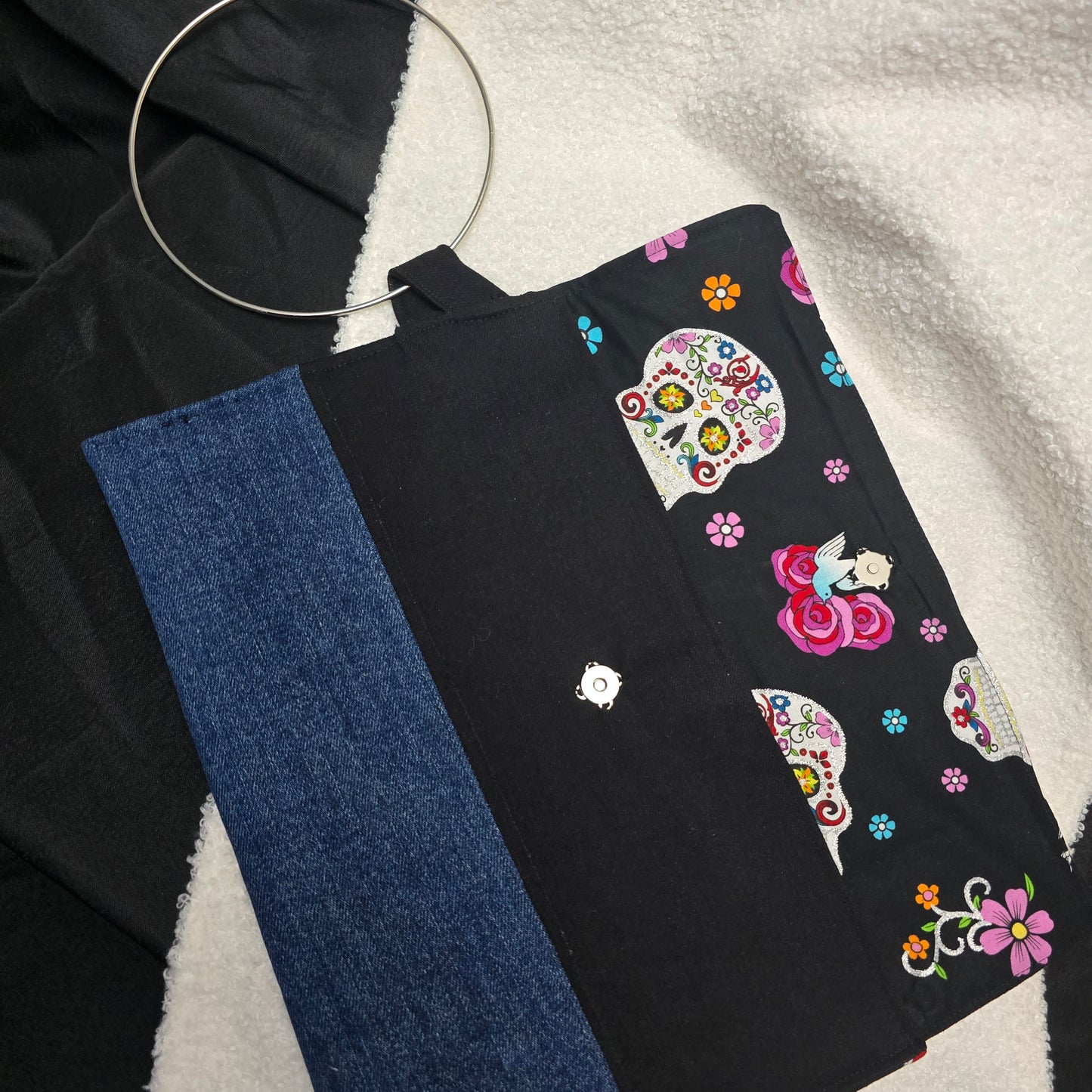 Denim Clutch w/ metal ring handle (Sugar skull lining)
