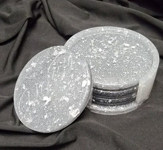 Round Black, Silver and White Coaster Set