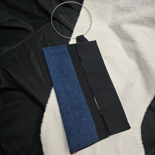 Denim Clutch w/ metal ring handle (Sugar skull lining)